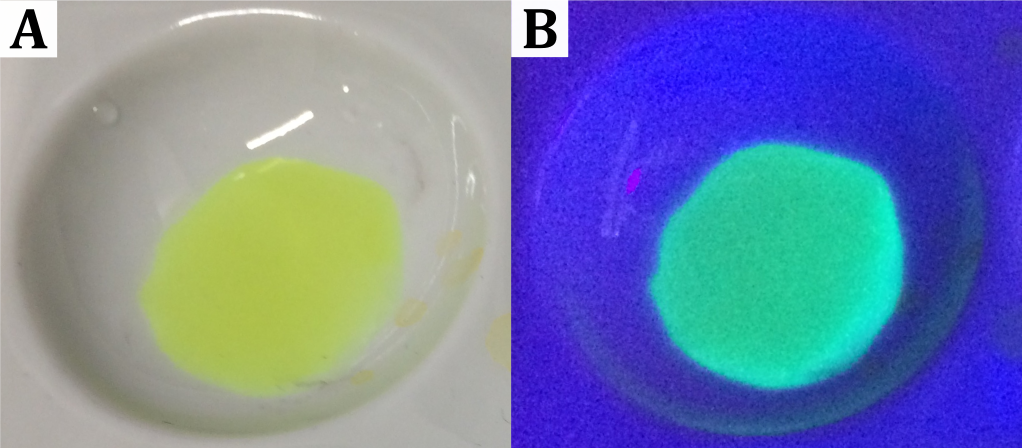 (A) Gelbe Färbung der Lösung bei Tageslicht, (B) blau-grüne Fluoreszenz unter UV-Licht.  